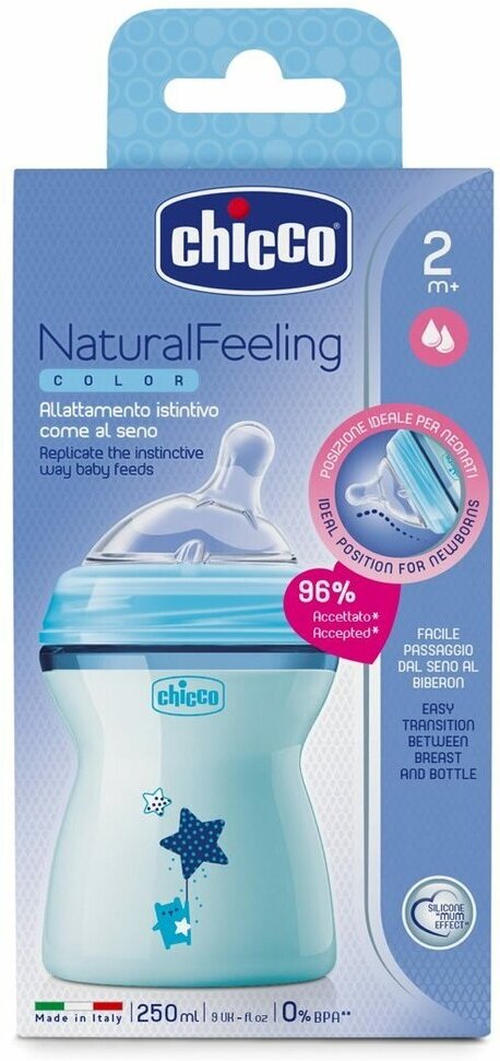 

Бутылочка CHICCO Nursery Natural Feeling 250 мл с силиконовой соской с наклоном голубой (00081323200000 )