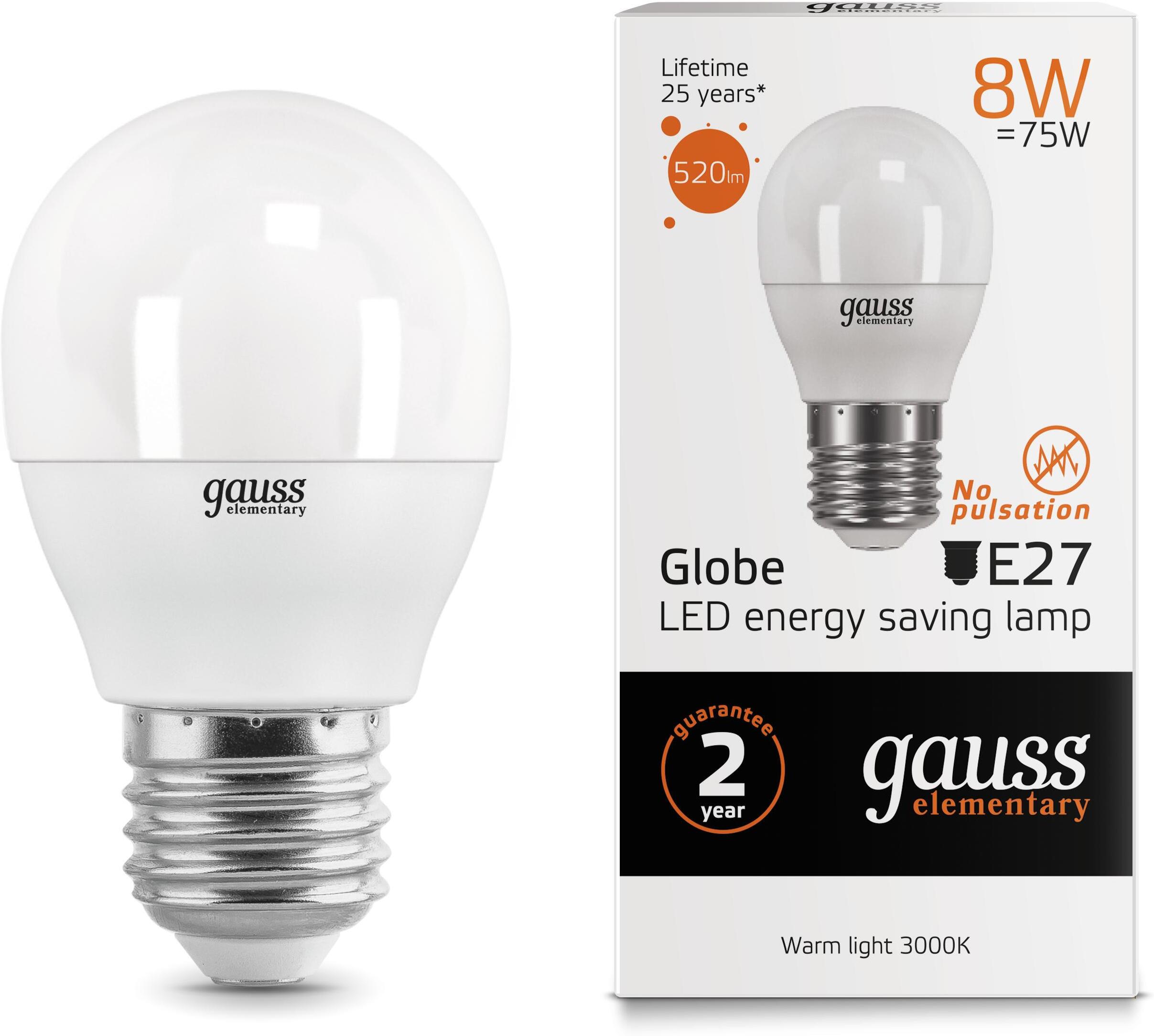 

Лампа Gauss LED Elementary Globe 8W E27 2700К/3000K [53218], Светодиодная лампочка Gauss LED Elementary Globe 8W E27 2700К/3000K 53218