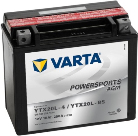 

Мотоаккумулятор Varta Powersports AGM TX20L-BS 18 А/ч (518901025/518901026)