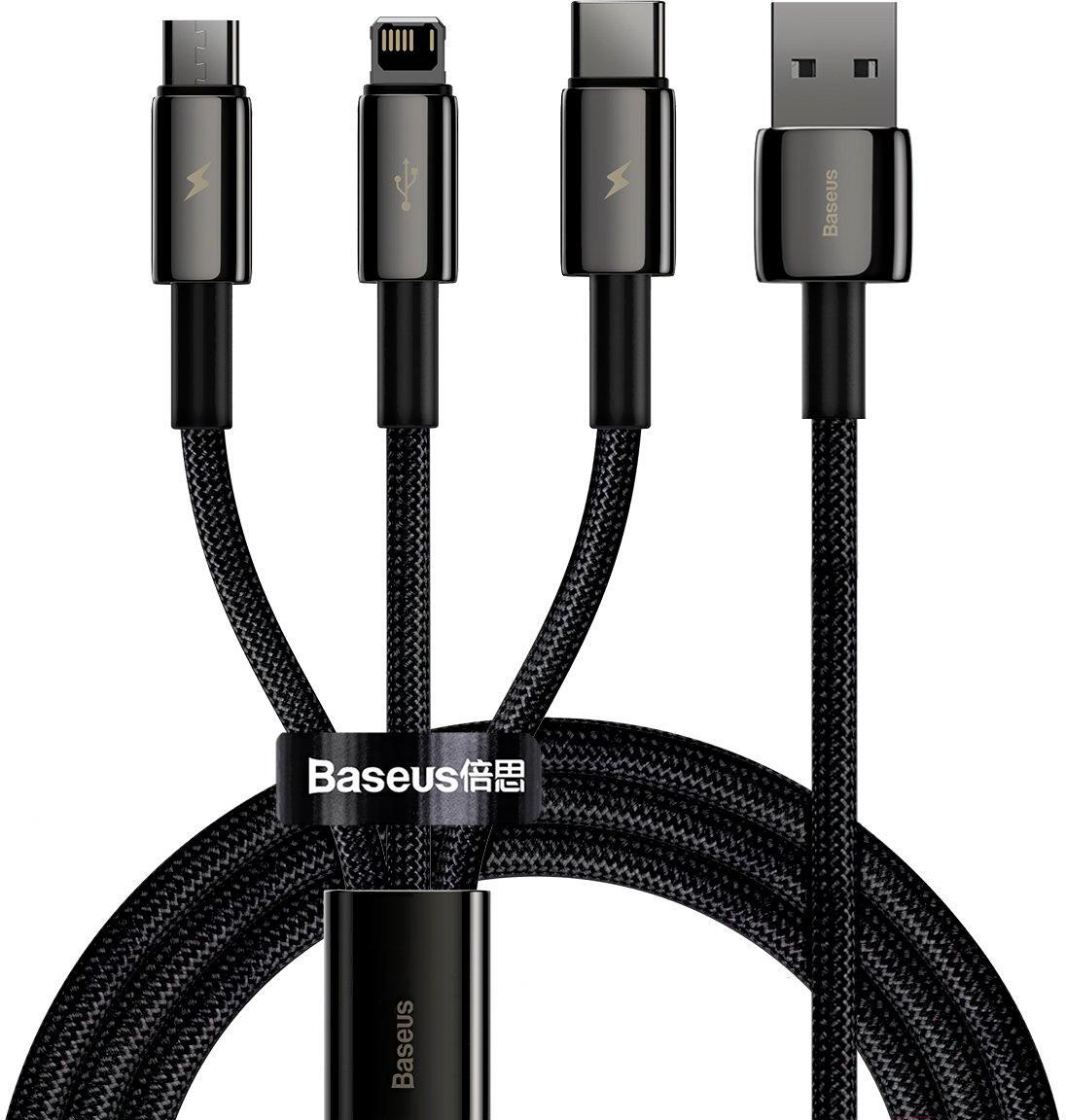 

Кабель Baseus CAMLTWJ-01 Tungsten Gold One-for-three Fast Charging Data Cable USB to Micro USB+Lightning+Type-C 3.5A 1.5m Black