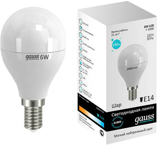 

Светодиодная лампа Gauss LED Elementary Шар 6W E14 450lm 4100K 1/10/100 [53126], Светодиодная лампочка Gauss LED Elementary Шар 6W E14 450lm 4100K 1/10/100 53126