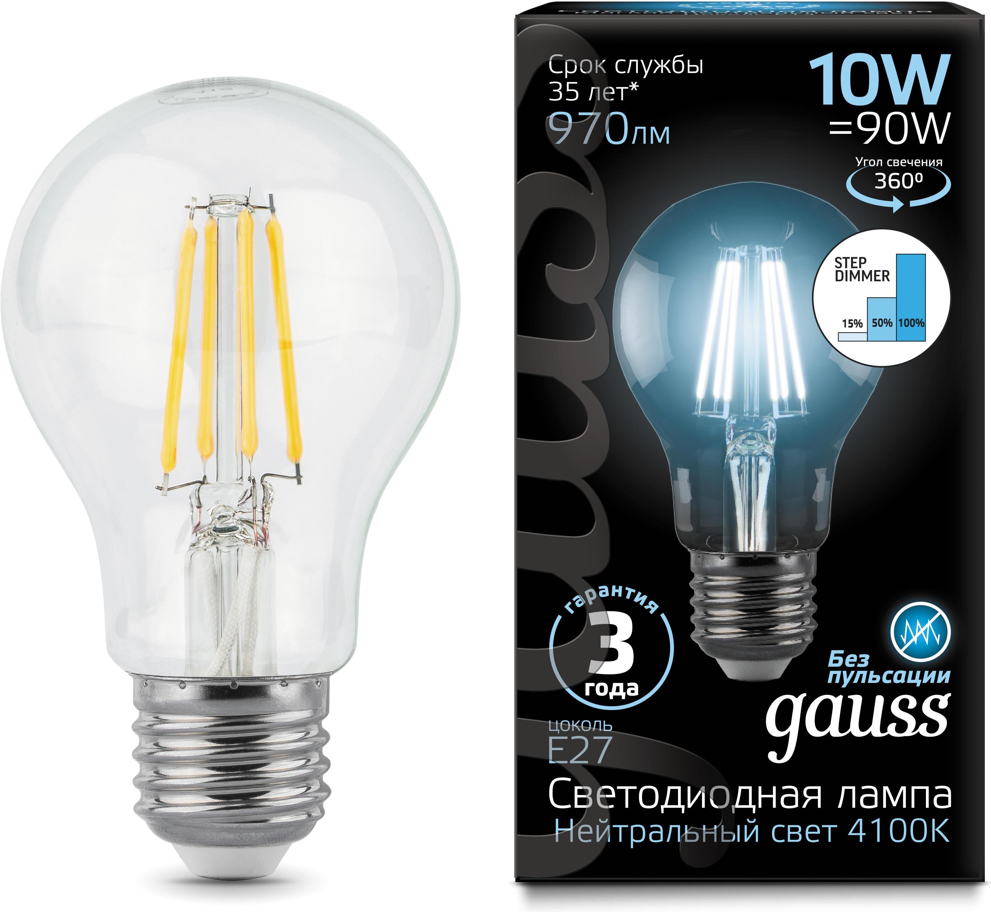 

Светодиодная лампа Gauss LED Filament A60 E27 10W 970lm 4100К step dimmable 1/10/40 [102802210-S], LED Filament A60 E27 10W 970lm 4100К step dimmable 1/10/40