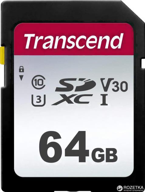 

Карта памяти Transcend 64GB SDXC Class 10 UHS-I U3 R95, W45MB/s [TS64GSDC300S], Карта памяти Transcend TS64GSDC300S