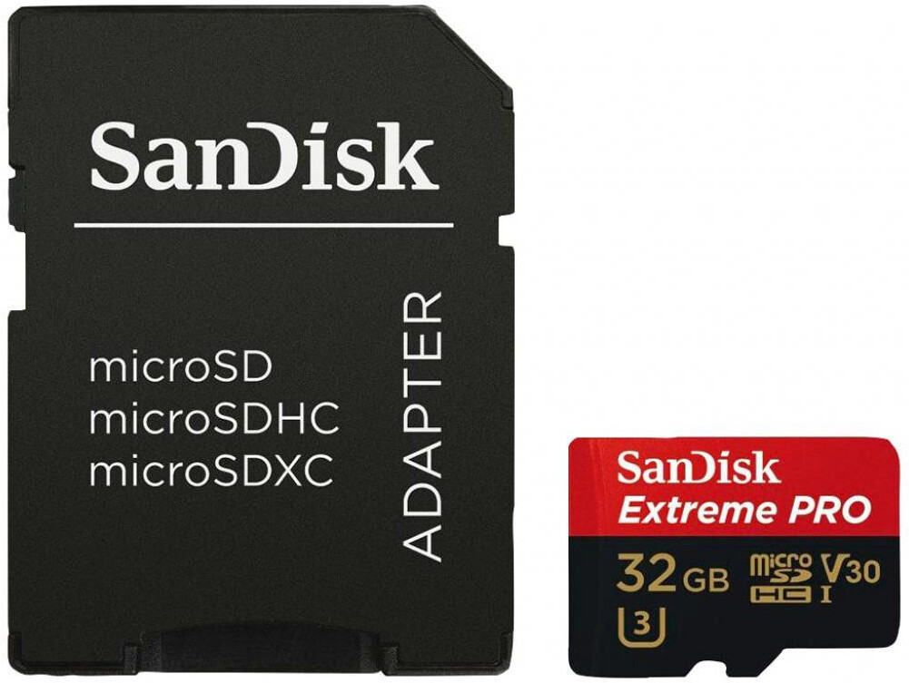 

Карта памяти SanDisk Extreme PRO SDSQXCG-032G-GN6MA microSDHC 32GB (с адаптером), Карта памяти SanDisk Extreme Pro microSDHC 32GB+SD Adapter+Rescue Pro Deluxe 100MB/s A1 C10 V30 UHS-I U3 SDSQXCG-032G-GN6MA