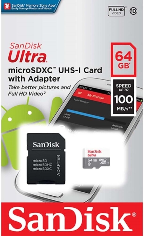 

Карта памяти SanDisk microSD 64GB microSDXC Class 10 Ultra (SD адаптер) UHS-I 100MB/s [SDSQUNR-064G-GN3MA], Карта памяти SanDisk Ultra SDSQUNR-064G-GN3MA microSDXC 64GB (с адаптером)