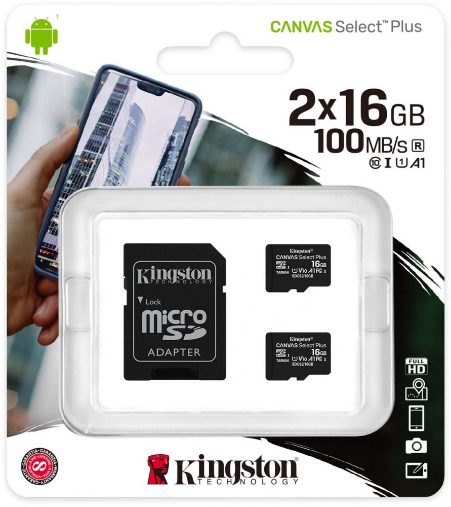 

Карта памяти Kingston microSDHC 16GB microSDXC Class10 Class10 UHS-I Canvas Select up 100MB/s с адапт [SDCS2/16GB-2P1A], microSDHC 16GB microSDXC Class10 Class10 UHS-I Canvas Select up 100MB/s с адапт