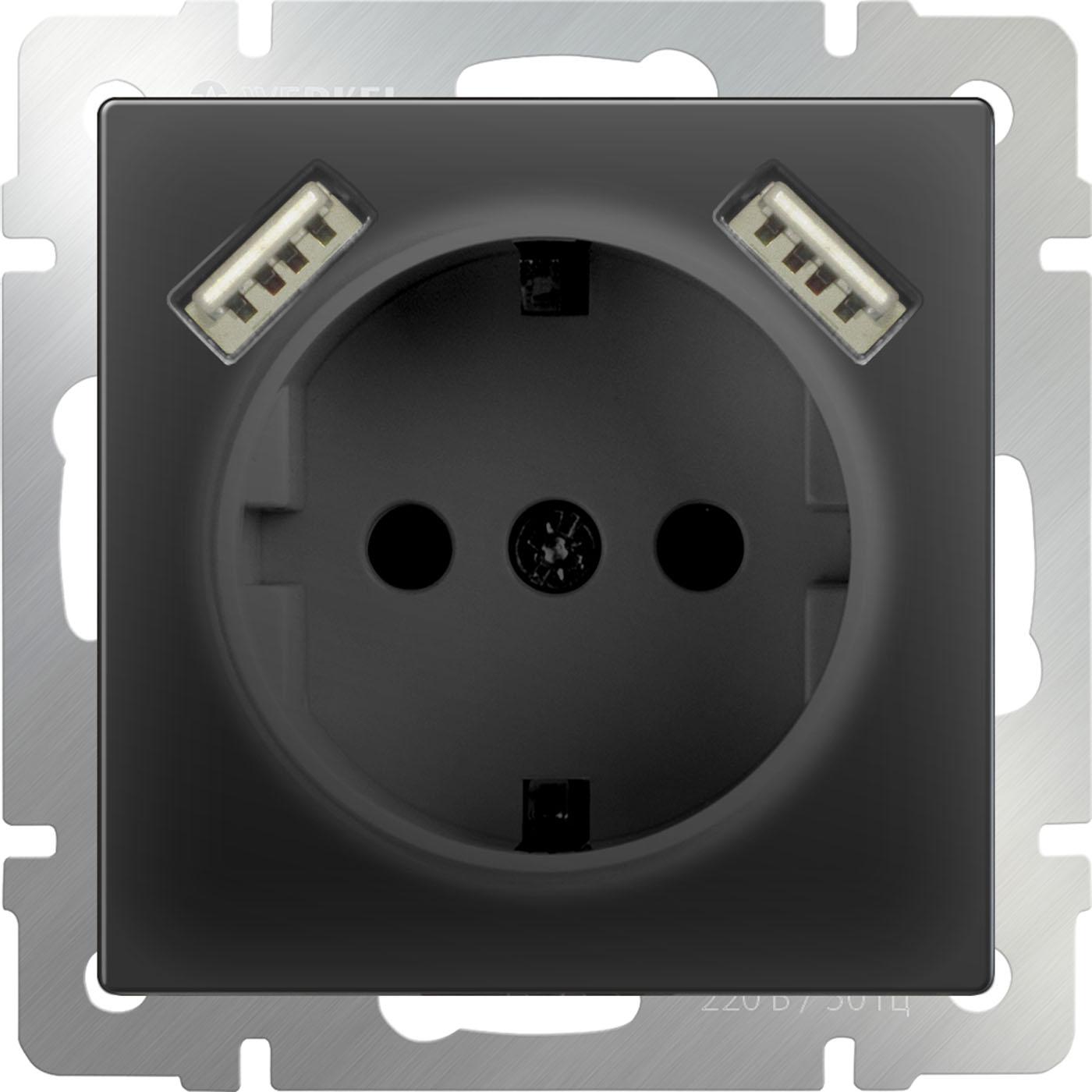 

Розетка Werkel USBх2 с/з со шторками черный матовый [a033477], WL08-SKGS-USBx2-IP20