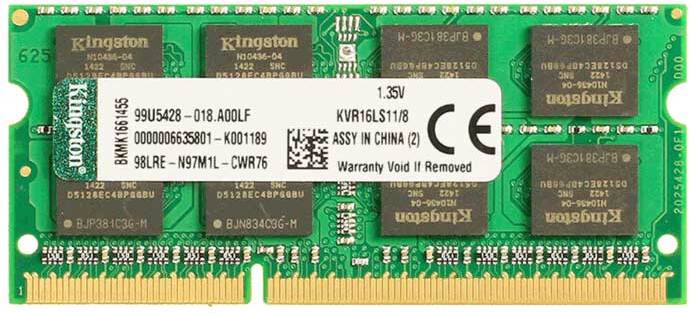 

Оперативная память Kingston SO-DIMM DDR 3 DIMM 8Gb PC12800 1600Mhz [KVR16LS11/8WP], ОЗУ Kingston KVR16LS11/8WP