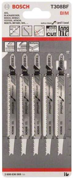 

Пилки для лобзика Bosch 2.608.636.569, Пилка для лобзика Bosch T 308 BF Extraclean for Hard Wood 5шт 2.608.636.569