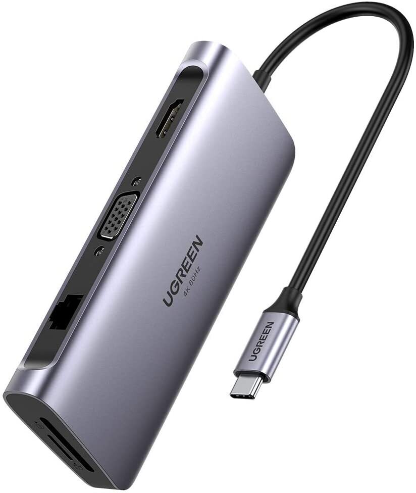 

Док-станция Ugreen CM179 70490, Хаб UGREEN CM179-70490, Type-C to 3x USB3.0 (скорость до 5 Гбит/с) + HDMI (разрешение: 2K4K@60Hz) + VGA (Разрешение: до 1920 * 1080P/60 Гц) + RJ45 (Gigabit) + SD/TF + USB-C (PD100W), Space Gray UGREEN USB-C to 3*USB3.0+HDMI