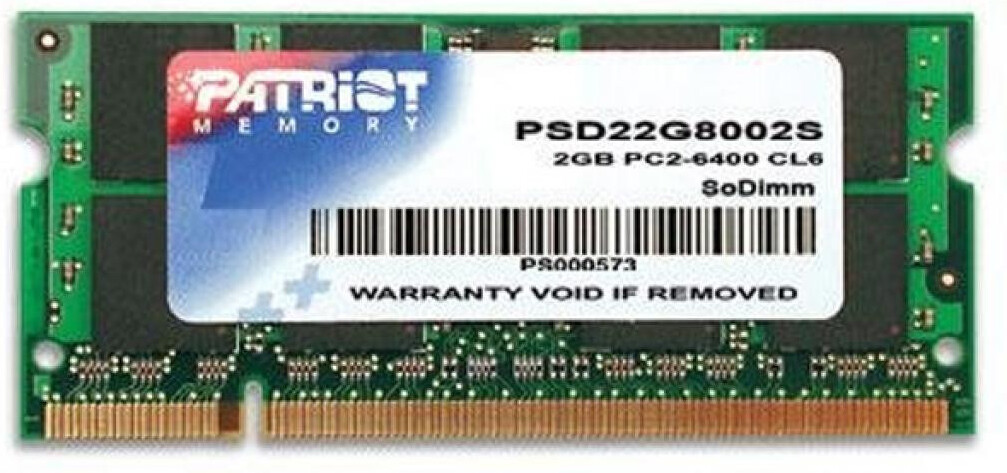 

Оперативная память Patriot 2GB DDR2 SO-DIMM PC2-6400 (PSD22G8002S), ОЗУ DDR2-800 2GB PC-6400 Patriot PSD22G8002S (SODIMM)