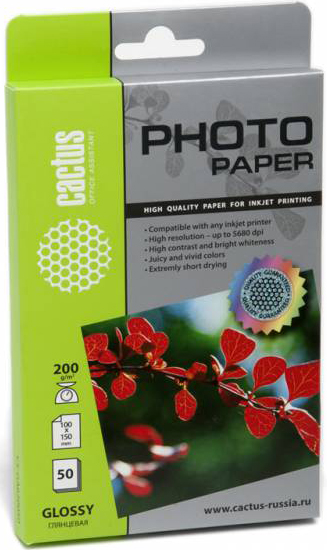 

Фотобумага CACTUS Глянцевая 10x15 200 г/м2 50 листов [CS-GA620050E], Глянцевая 10x15 200 г/м2 50 листов