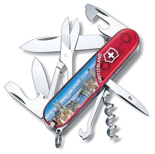 

Туристический нож Victorinox перочинный Climber Zurich красный полупрозрачный/рисунок [1.3703.TE5], Мультитул Victorinox Climber Zurich 1.3703.TE5