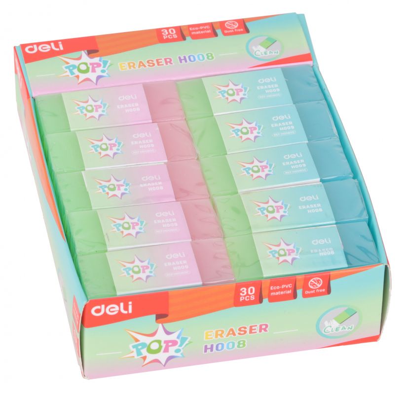 

Ластик Deli Pop 48x19x10мм ПВХ индивидуальная упаковка ассорти [EH00800], Pop 48x19x10мм ПВХ индивидуальная упаковка