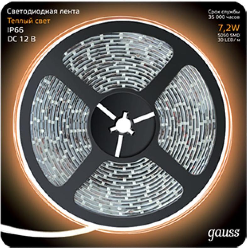 

Gauss Лента LED 5050/30-SMD 7.2W 12V DC теплый белый IP66 (блистер 5м) [311000107], Лента LED 5050/30-SMD 7.2W 12V DC теплый белый IP66 (блистер 5м)