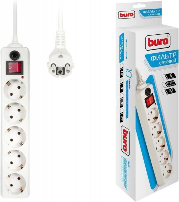 

Сетевой фильтр Buro 5 розеток, белый, 3 м [500SH-3-W], 5 розеток 3 м
