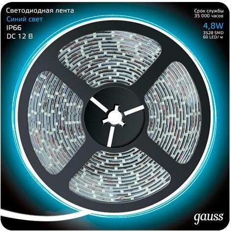 

Gauss Лента LED 2835/60-SMD 4.8W 12V DC синий IP66 (блистер 5м) [311000505], Светодиодная лента Gauss Лента LED 2835/60-SMD 4.8W 12V DC синий IP66 (блистер 5м) 311000505