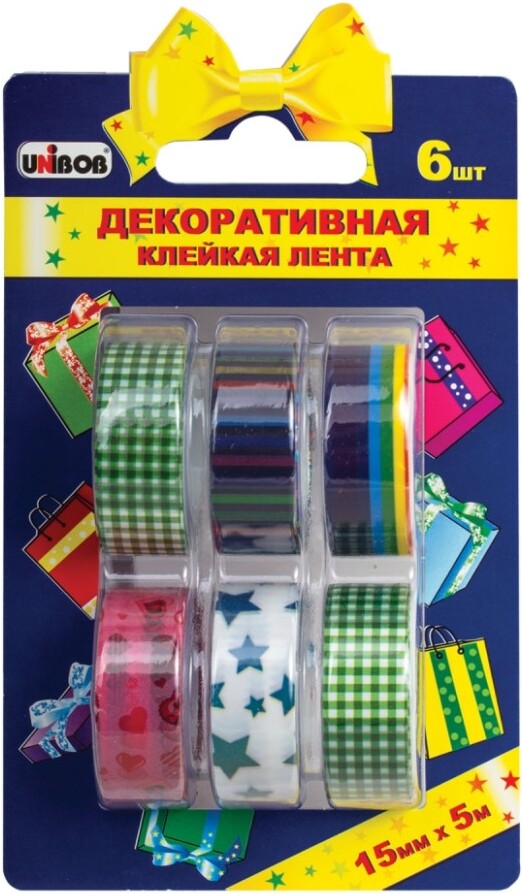 

Клейкая лента декоративная Unibob 15ммх5м разноцветная 6 шт/упак [51715], Клейкая лента Unibob 15ммх5м разноцветная 6 шт/упак 51715