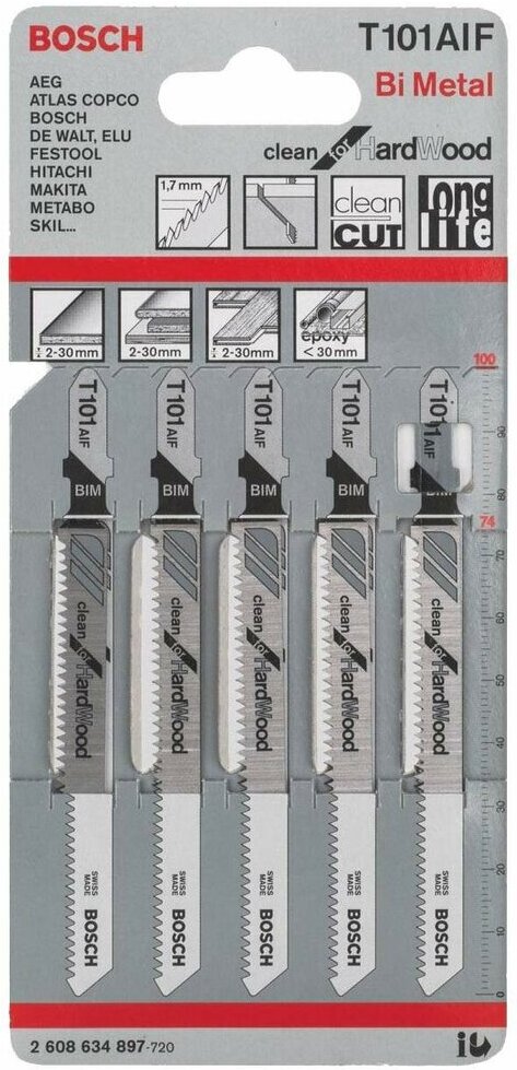 

Пилки для лобзика Bosch 2.608.634.897, Bosch T101AIF 5 штук Clean for Hard Wood 2608634897