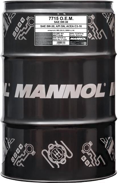 

Моторное масло Mannol 7715 O.E.M. 5W-30 API SN/CF 60л [MN7715-60], 7715 O.E.M. 5W-30 API SN/CF 60л