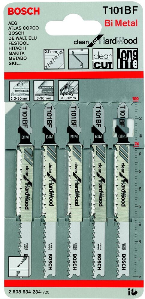 

Пилки для лобзика Bosch 2.608.634.234, Пилка для лобзика Bosch T 101 BF Clean for Hard Wood 5шт 2.608.634.234