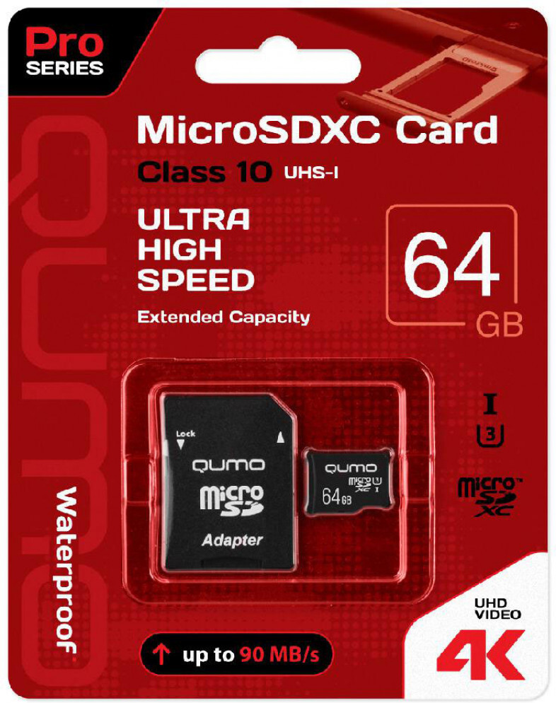 

Карта памяти QUMO microSDXC 64GB Pro series microSDXC Class 10 UHS-I, U3 + SD адаптер [QM64GMICSDXC10U3], Карта памяти QUMO microSDXC 64GB Pro series microSDXC Class 10 UHS-I, U3 + SD адаптер QM64GMICSDXC10U3
