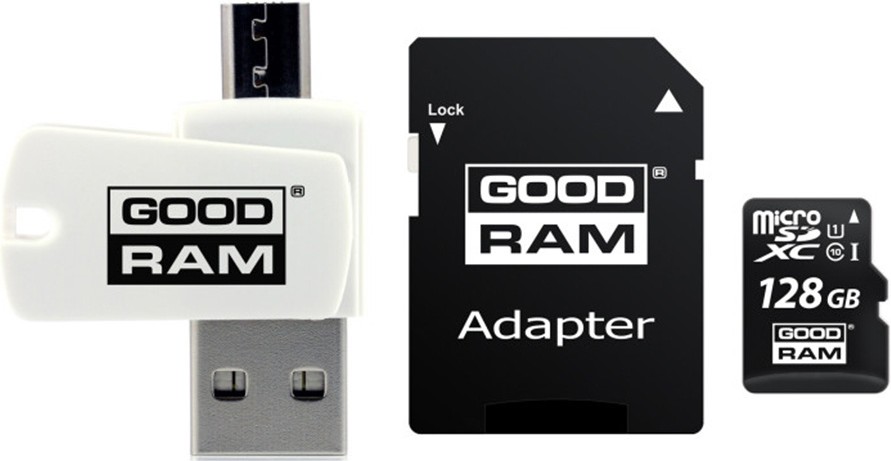 

Карта памяти GOODRAM 128GB microSD Class 10 UHS I 3 in1 memory set: SD adapter + USB cardreader [M1A4-1280R12], Карта памяти GOODRAM ALL in ONE microSDXC 128GB