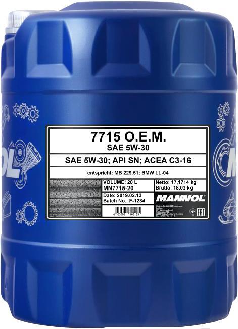 

Моторное масло Mannol OEM 5W30 SN/SM/CF 20л [MN7715-20], Моторное масло Mannol OEM 5W30 SN/SM/CF 20л MN7715-20