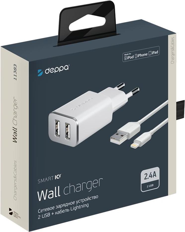 

Зарядное устройство Deppa 2 USB 2.4А + кабель Lightning MFI белый [11383], 2 USB 2.4А + кабель Lightning MFI