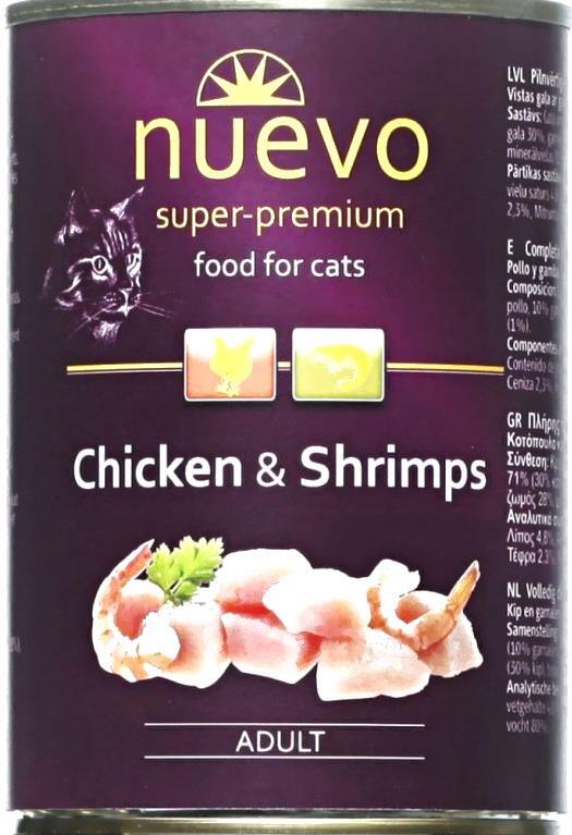 

Корм для кошек Nuevo консервы с курицей и креветками 400 г, Корм для кошек Nuevo консервы с курицей и креветками 400 г 95108