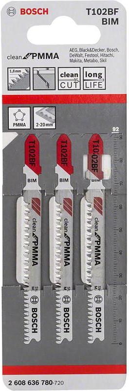 

Пилка для лобзика Bosch T102BF CleanPMMA 3шт [2.608.636.780], Пилка для лобзика Bosch T102BF CleanPMMA 3шт 2.608.636.780