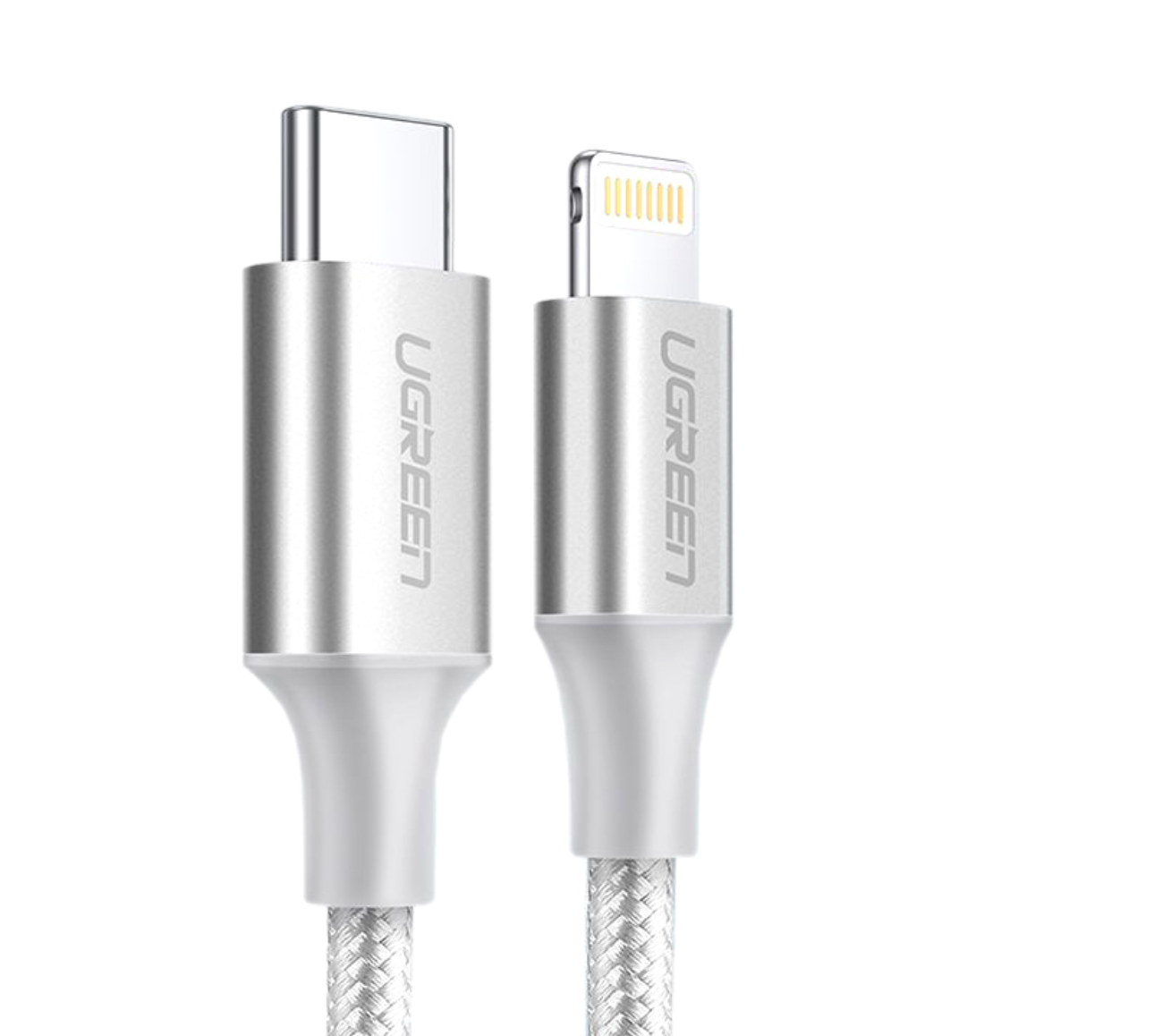 

Кабель Ugreen US304 70524, UGREEN USB-C to Lightning M/M Cable Aluminum Shell Braided 1.5m US304 (Silver) 70524 / Кабель UGREEN US304-70524 Type-C to Lightning, Apple MFI certified, 3A, PD 18W, в оплётке, 1.5m, Silver