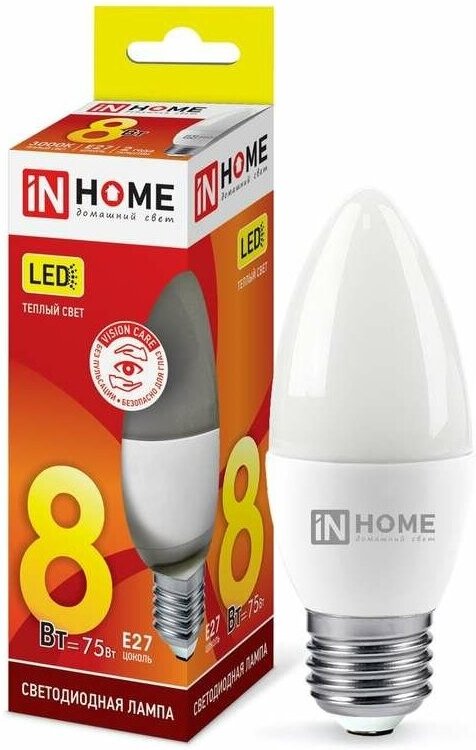 

Светодиодная лампа In Home LED-СВЕЧА-VC Е27 8W 230V 3000К 600Lm [4690612020440], Светодиодная лампочка In Home LED-СВЕЧА-VC Е27 8W 230V 3000К 600Lm 4690612020440