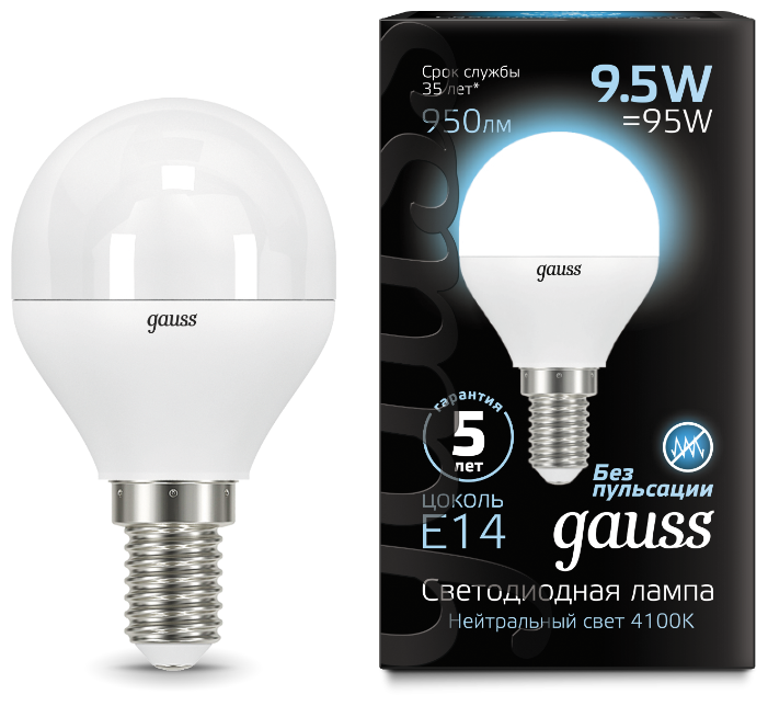 

Светодиодная лампа Gauss LED Шар E14 9.5W 950lm 4100K 1/10/50 [105101210], LED Шар E14 9.5W 950lm 4100K 1/10/50