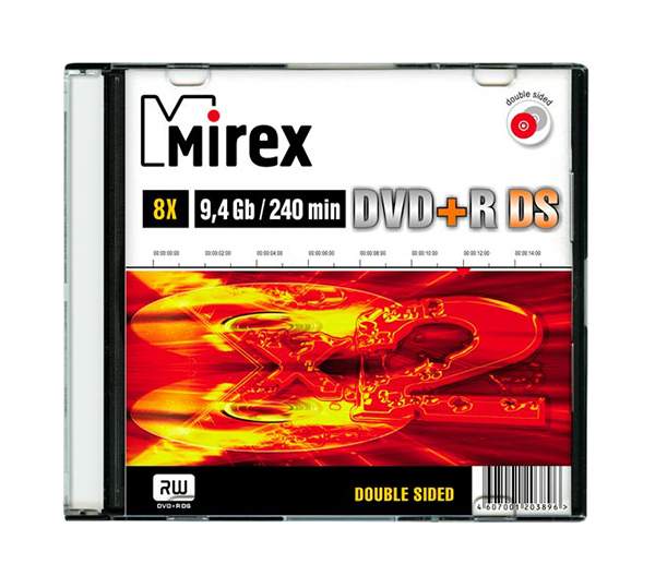 

Оптический диск Mirex Double Sided DVD+R 9.4Gb 8x slim [UL130042A8S], Double Sided DVD+R 9.4Gb 8x slim