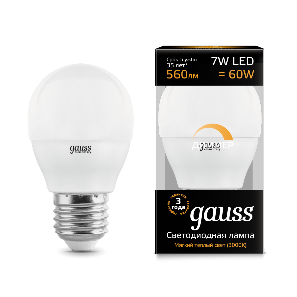 

Светодиодная лампа Gauss LED Шар-dim E27 7W 560lm 3000К диммируемая 1/10/100 [105102107-D], Светодиодная лампочка Gauss LED Шар-dim E27 7W 560lm 3000К диммируемая 1/10/100 105102107-D