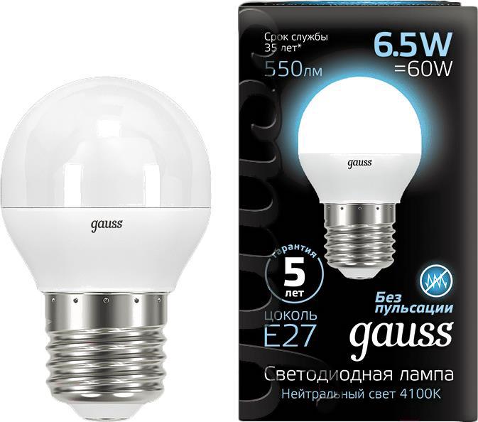 

Светодиодная лампа Gauss LED Шар E27 6.5W 550lm 4100K 1/10/100 [105102207], LED Шар E27 6.5W 550lm 4100K 1/10/100