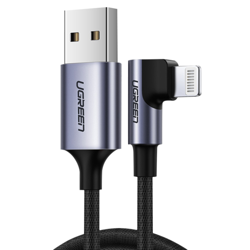 

Кабель UGREEN US299-60770, USB-A 2.0 to Lightning (90°), Apple MFI certified, 2,4A, в оплётке, 1.5m, Black