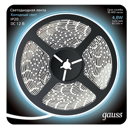 

Gauss Лента LED 2835/60-SMD 4.8W 12V DC холодный белый (блистер 5м) 1/50 [312000305], Лента LED 2835/60-SMD 4.8W 12V DC холодный белый (блистер 5м) 1/50