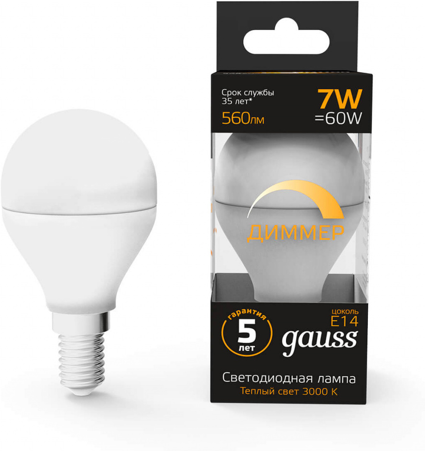 

Светодиодная лампа Gauss LED Шар-dim E14 7W 560lm 3000К диммируемая 1/10/100 [105101107-D], Светодиодная лампочка Gauss LED Шар-dim E14 7W 560lm 3000К диммируемая 1/10/100 105101107-D