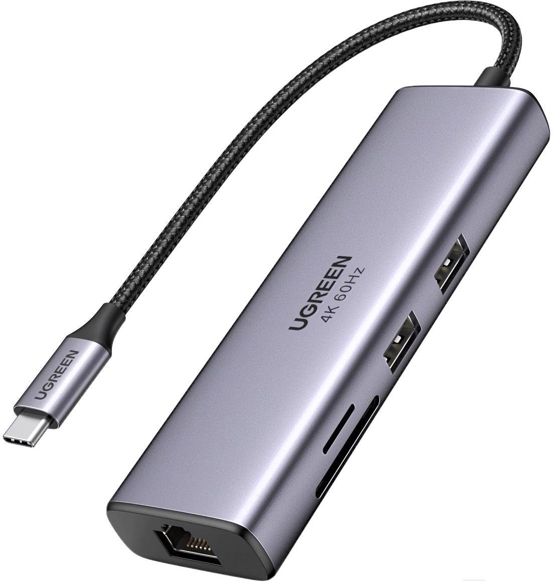 

USB-хаб Ugreen CM512-60515 Space Gray [60515], UGREEN USB-C to 2*USB3.0+HDMI (4K@60Hz)+RJ45+SDTF + PD port Converter CM512 (Space Gray) 60515