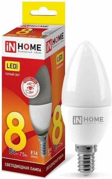 

Светодиодная лампа In Home LED Свеча E14 8W 230V 3000К 600Lm Warm Light [4690612020426], Светодиодная лампочка In Home LED Свеча E14 8W 230V 3000К 600Lm Warm Light 4690612020426