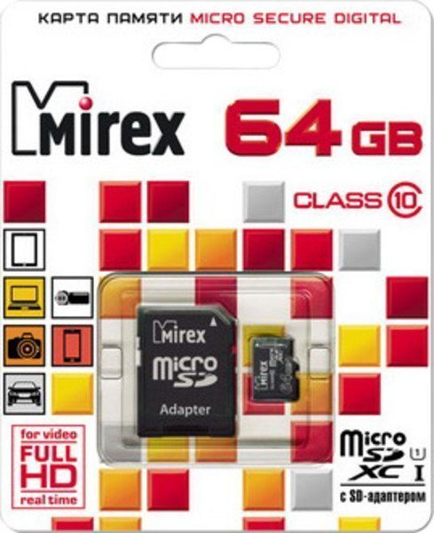 

Карта памяти Mirex microSDXC UHS-I (Class 10) 64GB (13613-AD10SD64)