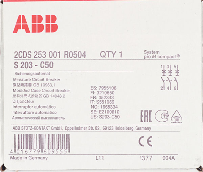 

Выключатель ABB S 203 3P С 50А 6кА 3M [2CDS253001R0504], Выключатель ABB S 203 3P С 50А 6кА 3M 2CDS253001R0504