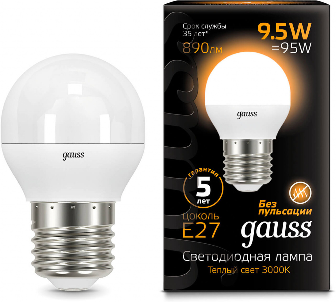 

Gauss Лампа Gauss LED Шар E27 9.5W 890lm 3000K 1/10/50 [105102110], Светодиодная лампочка Gauss Лампа Gauss LED Шар E27 9.5W 890lm 3000K 1/10/50 105102110