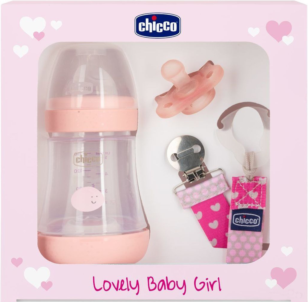 

Набор CHICCO Nursery Perfect Girl бутылочка Perfect 150мл + пустышка PhysioForma Mini Soft + клипса-держатель для пустышки Fashion (00020211610000), Набор CHICCO Nursery Perfect Girl (бутылочка Perfect 150мл с силиконовой соской, пустышка PhysioForma Mini