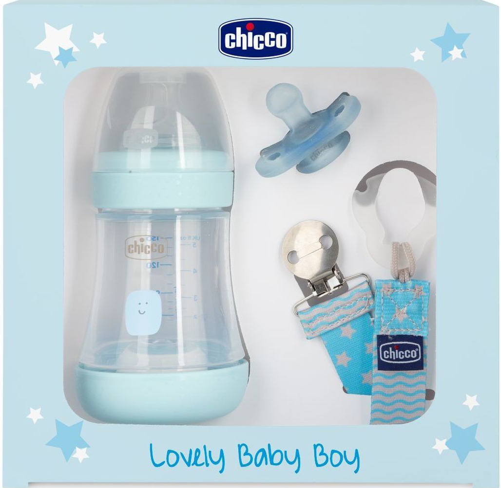 

Набор CHICCO Nursery Perfect Boy бутылочка Perfect 150мл + пустышка PhysioForma Mini Soft + клипса-держатель для пустышки Fashion (00020211620000), Набор CHICCO Nursery Perfect Boy (бутылочка Perfect 150мл с силиконовой соской, пустышка PhysioForma Mini S