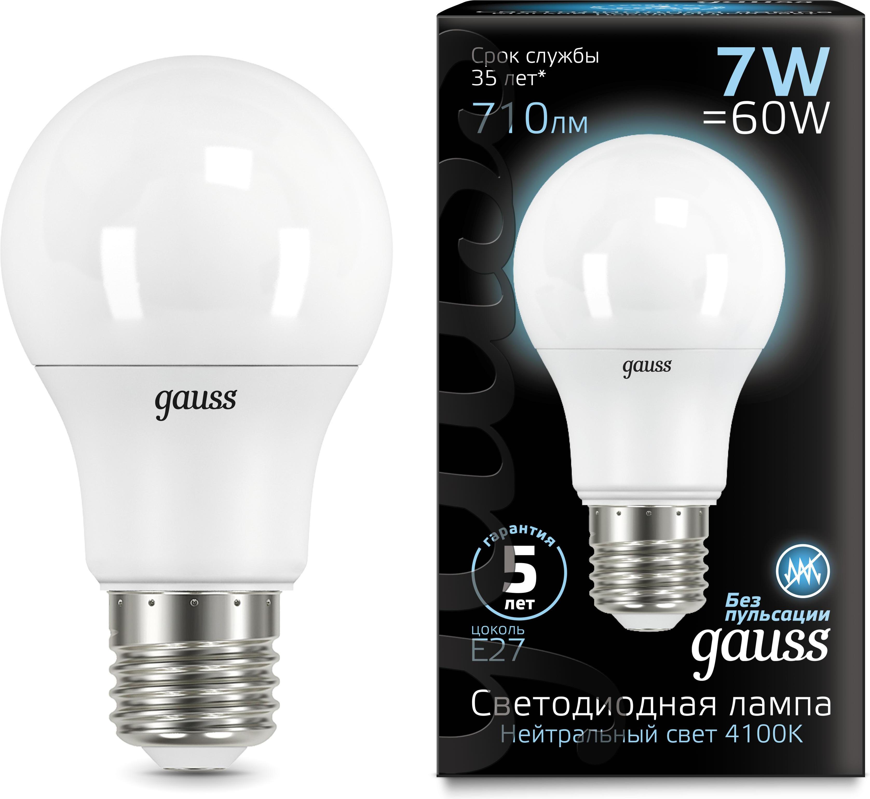 

Лампа Gauss LED A60 E27 7W 710lm 4100K 1/10/40 [102502207], LED