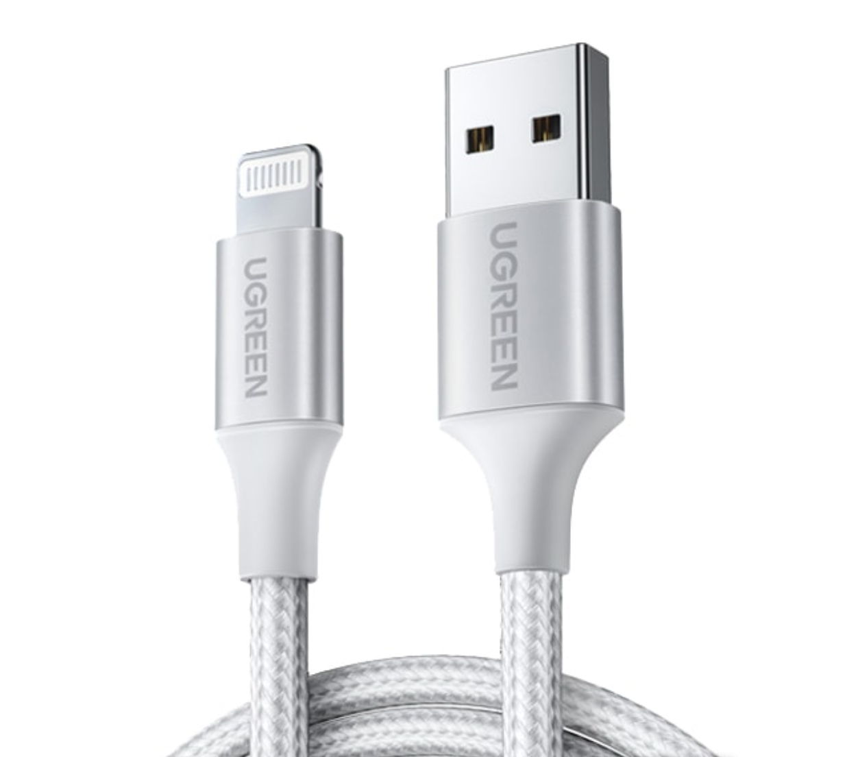 

Кабель UGREEN US199-60163 USB to Lightning, Apple MFI certified, 2,4A, в нейлоновой оплётке, 2m, серебристый (ритейл упаковка)