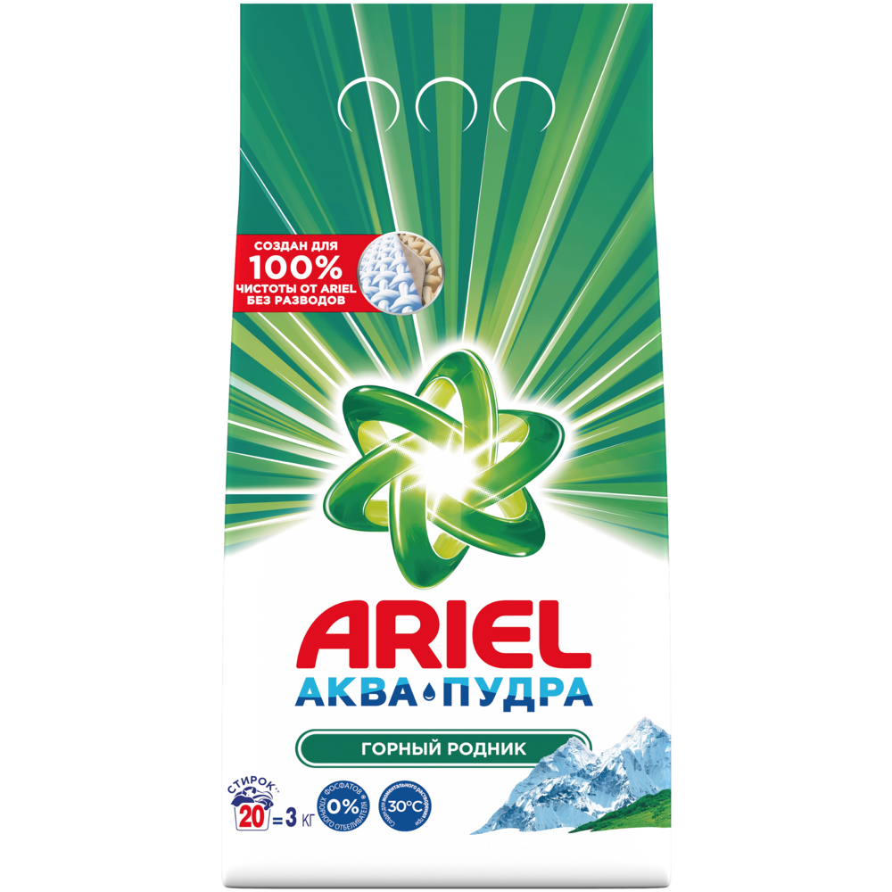 

Стиральный порошок Ariel 100% Эталон Горный родник (Автомат, 3кг), Стиральный порошок Ariel 100% Эталон Горный родник Автомат 3кг